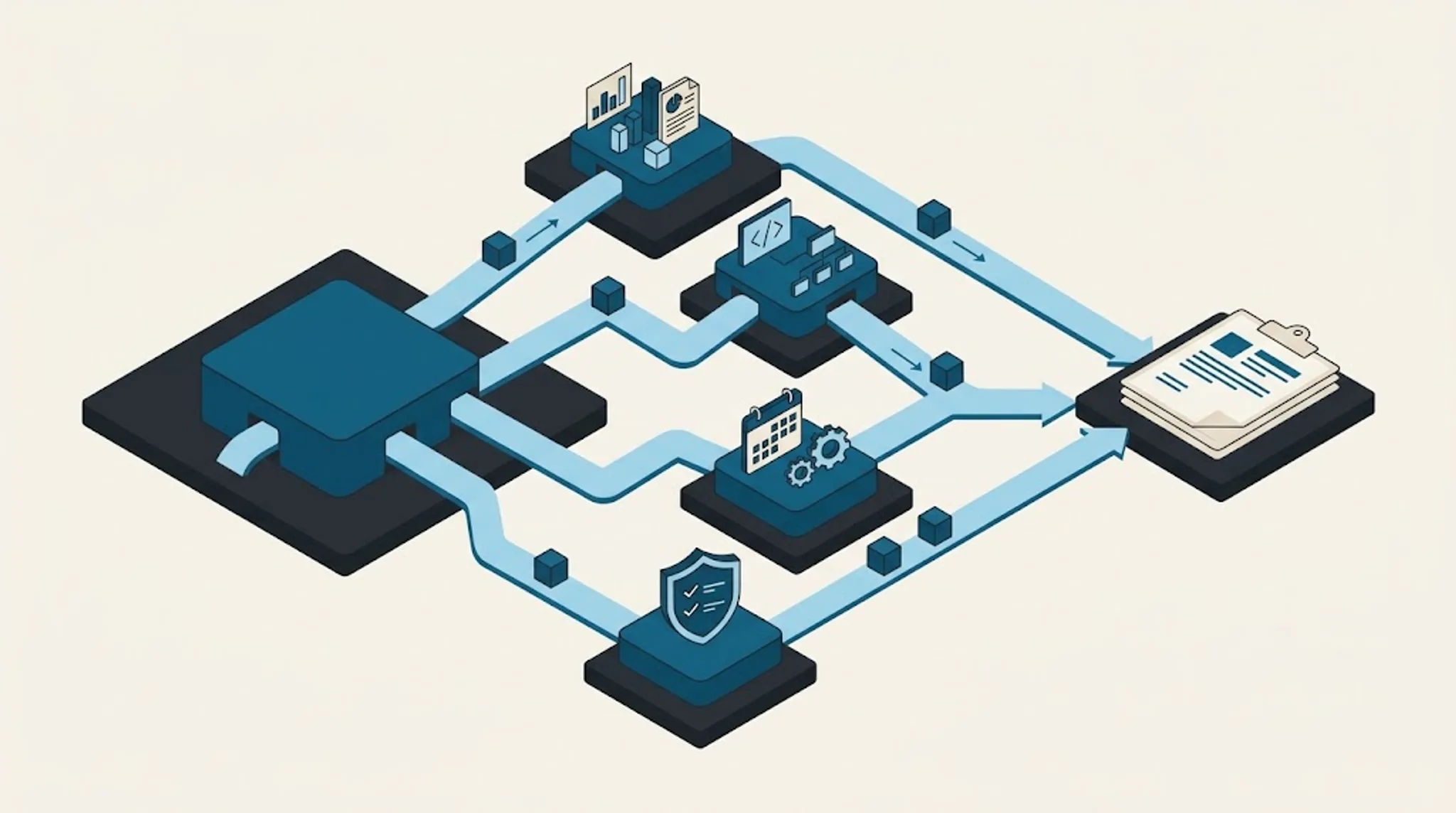 A directed team of AI agents working a task pipeline through to a finished result