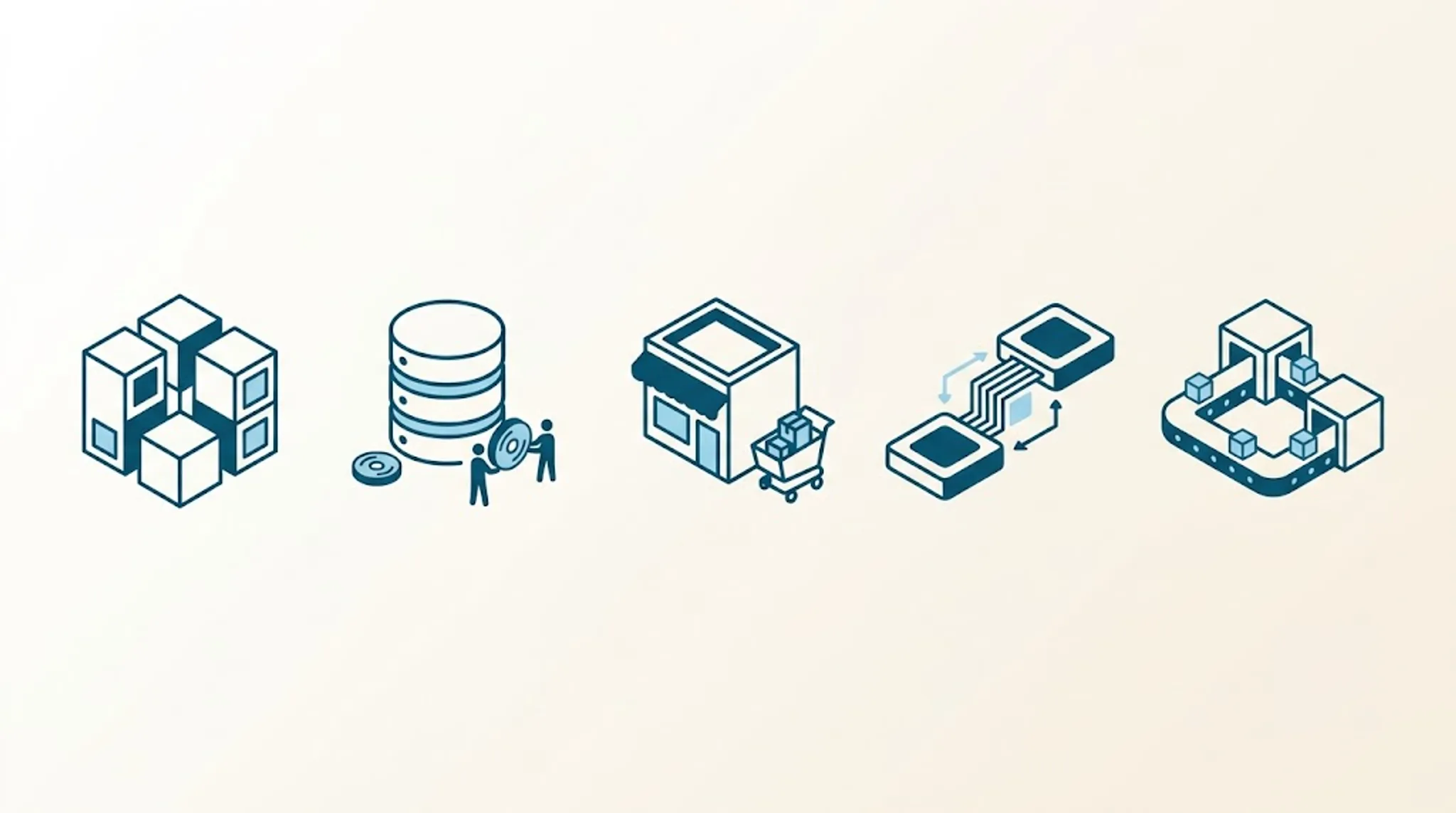 Five service glyphs: custom build, ERP and CRM, ecommerce, integration, and automation
