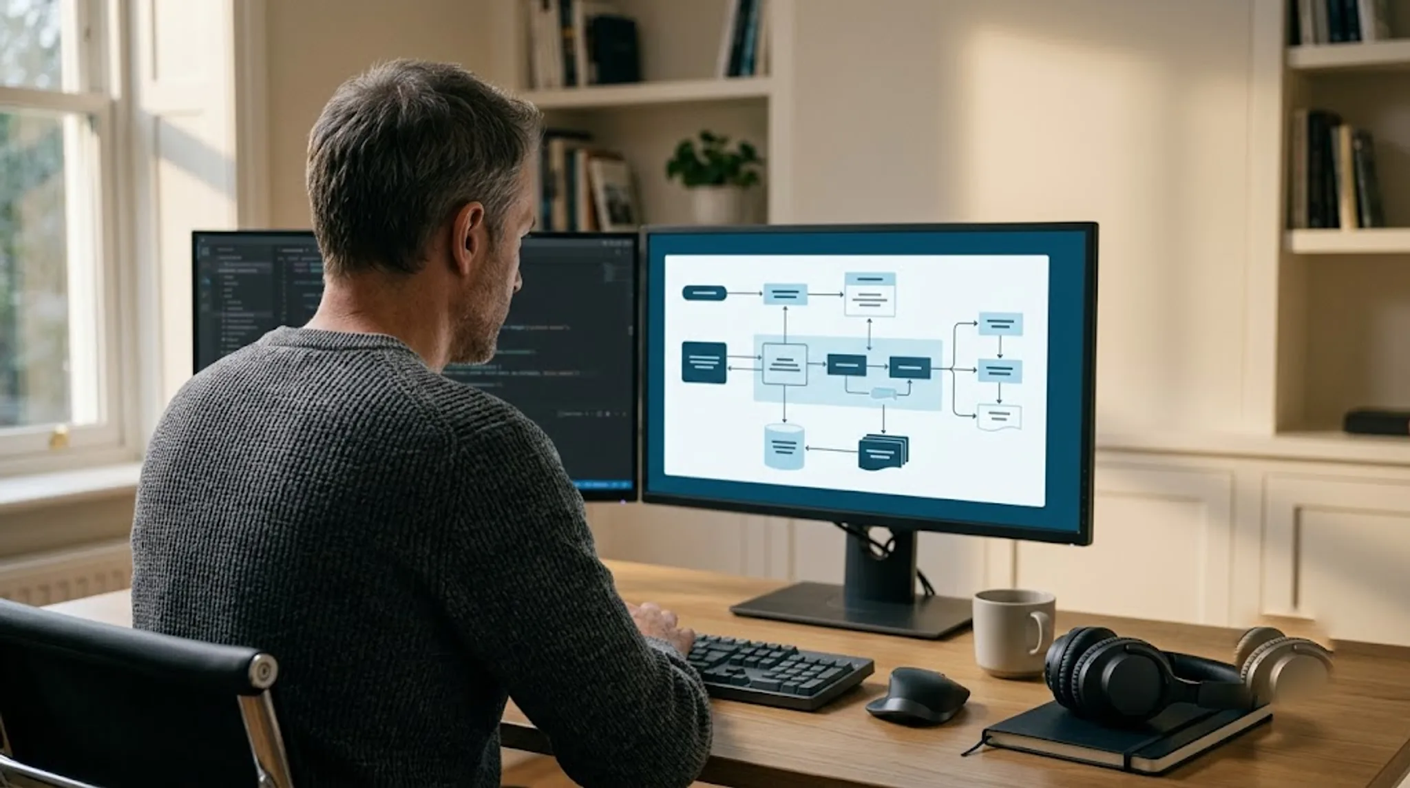 A technologist at a dual-monitor desk reviewing a systems-architecture diagram