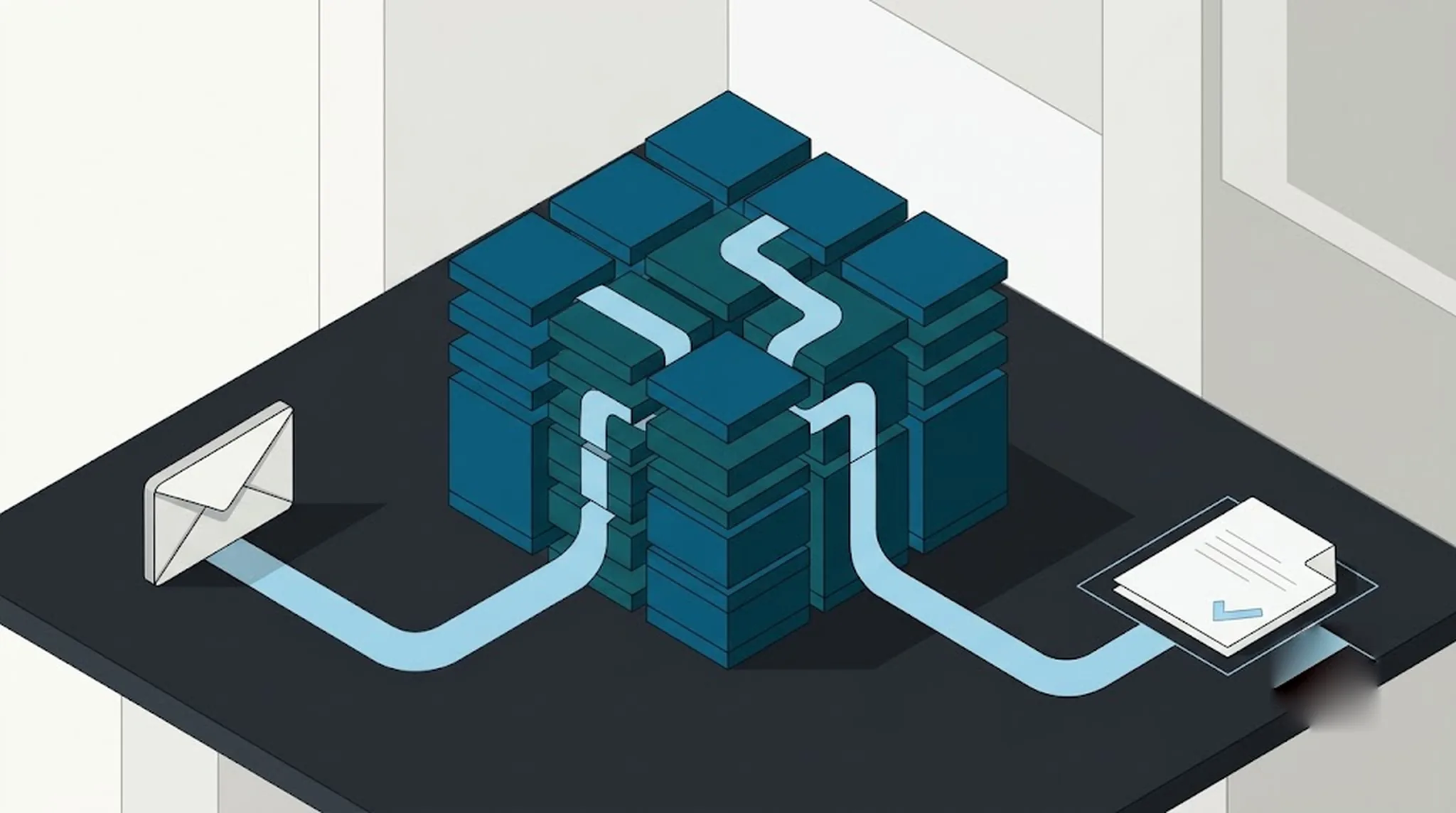 An email request flowing along a clean path into an organized NetSuite records stack and out as a completed, checked-off task